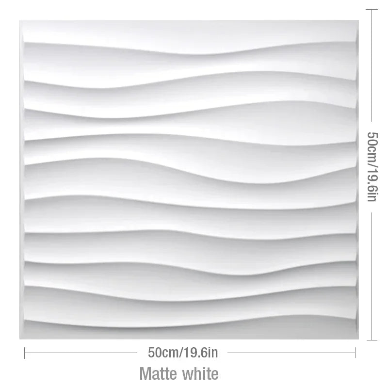 A matte white square wall panel with a textured wavy design, measuring 50cm/19.6in on each side.
