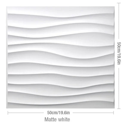 A matte white square wall panel with a textured wavy design, measuring 50cm/19.6in on each side.