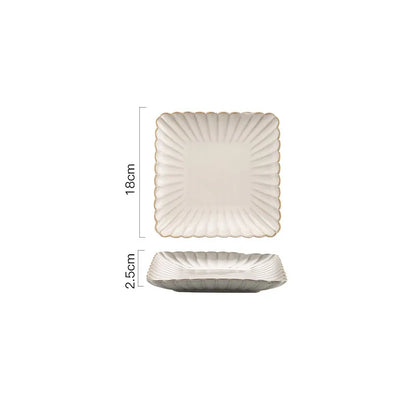 A square ceramic plate with a scalloped rim and a ribbed design, measuring 18cm by 18cm and 2.5cm in height.
