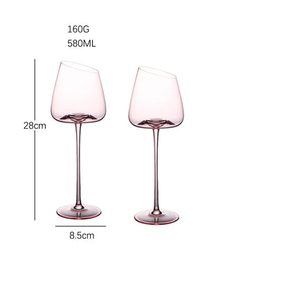 A graphic of two empty wine glasses with pink stems and an angled rim, showing their dimensions and volume.