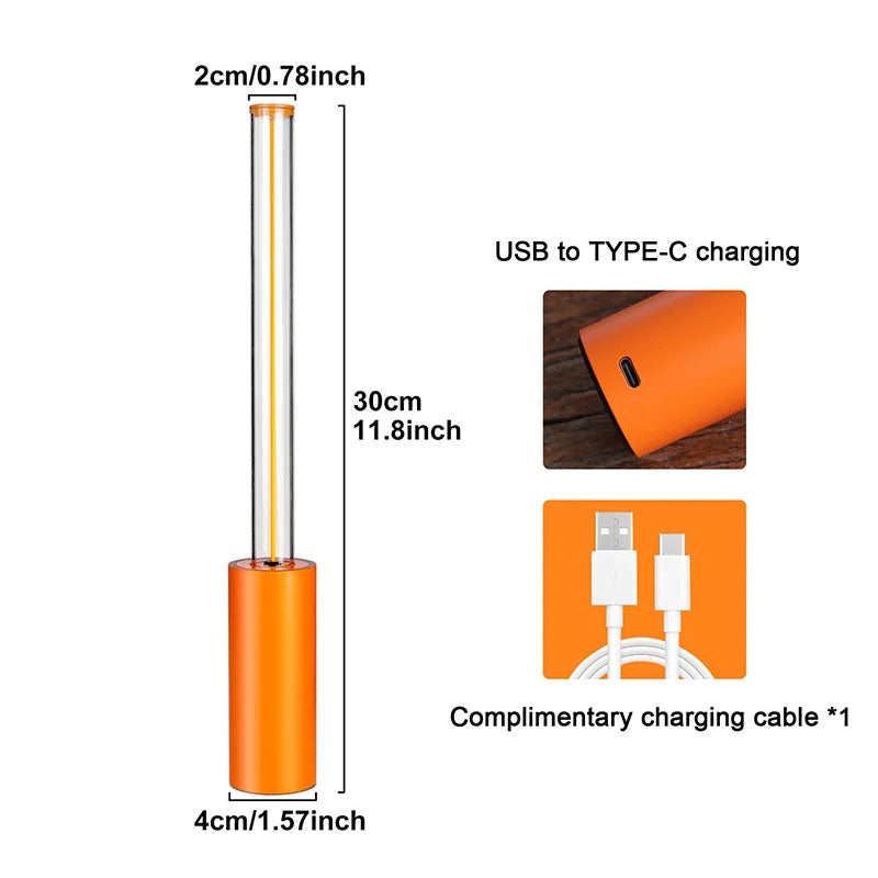 A diagram of a small, orange cylindrical lamp with a glowing tube, showing its dimensions and charging details. It is 30cm tall, with a 4cm diameter base and a 2cm diameter tube. It is charged via a USB to Type-C cable.