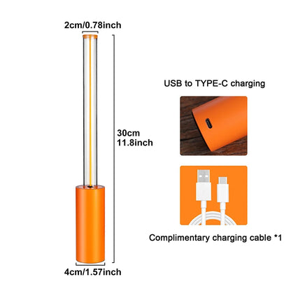 A diagram of a small, orange cylindrical lamp with a glowing tube, showing its dimensions and charging details. It is 30cm tall, with a 4cm diameter base and a 2cm diameter tube. It is charged via a USB to Type-C cable.