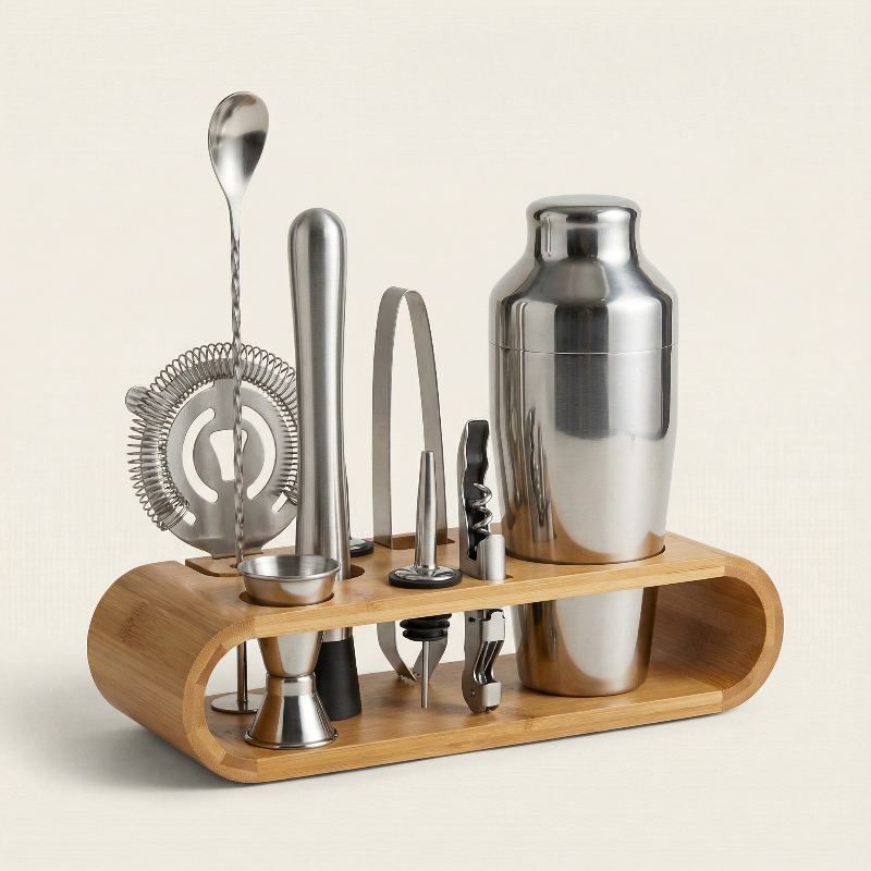 Silver 10-piece cocktail bar set with stainless steel tools displayed on a countertop.