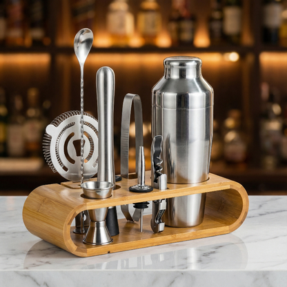 Silver cocktail bar tool set featuring essential tools for home bartending.