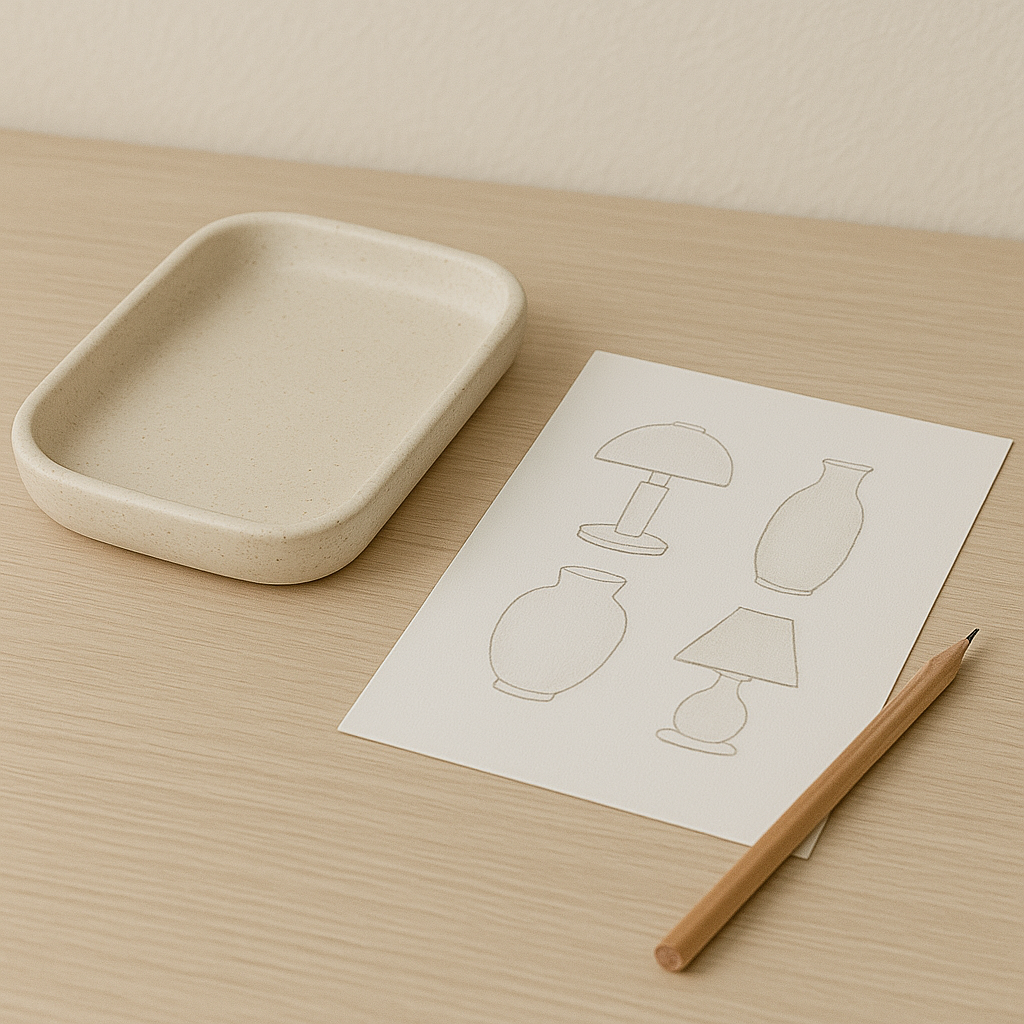 Beige ceramic tray, paper with line drawings of vases and lamps, and a wooden pencil on a wooden surface.