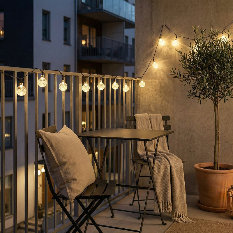 Balcony with string lights, table, chairs, and potted plant at night.