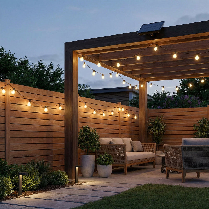 Outdoor patio with wooden pergola, string lights, and furniture at dusk.