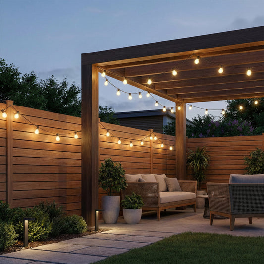 Outdoor patio with wooden pergola, string lights, and furniture at dusk.
