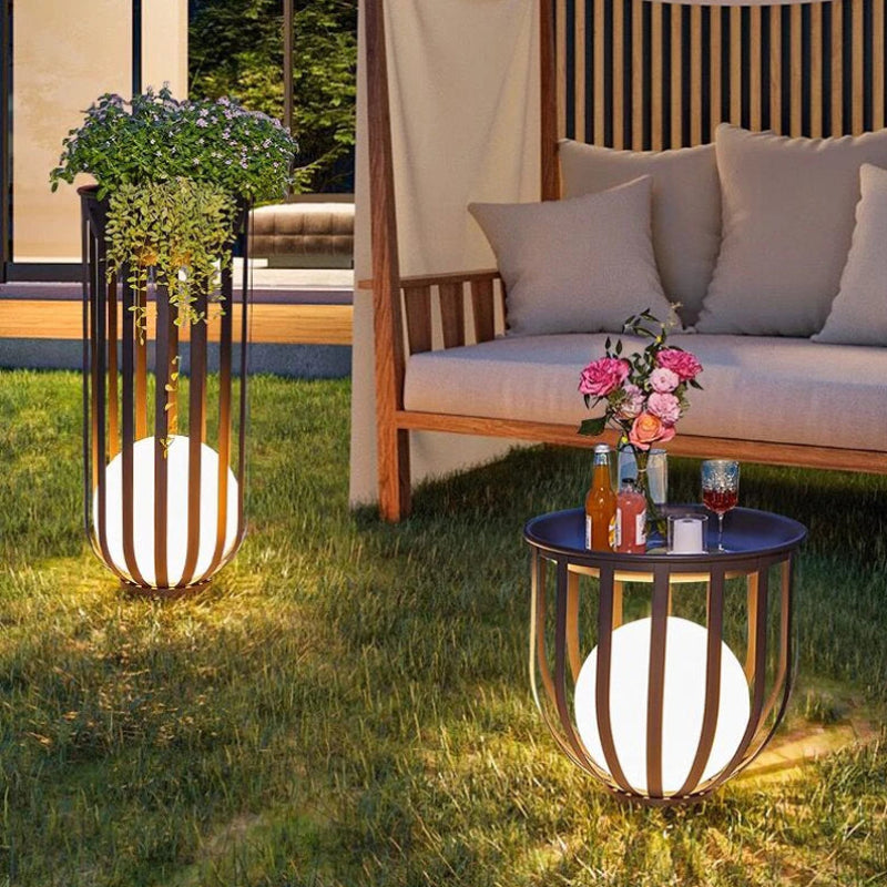 Sleek solar table with integrated solar lights, ideal for garden parties or evening relaxation.