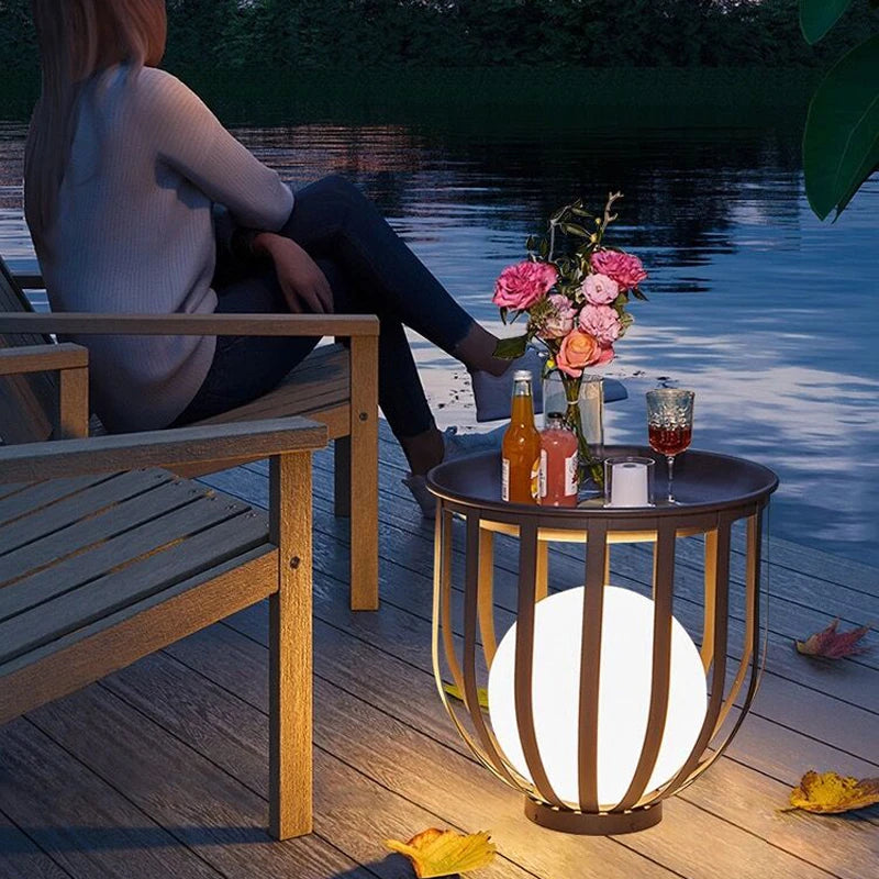 Eco-conscious solar table with energy-efficient LED lighting for outdoor enjoyment.