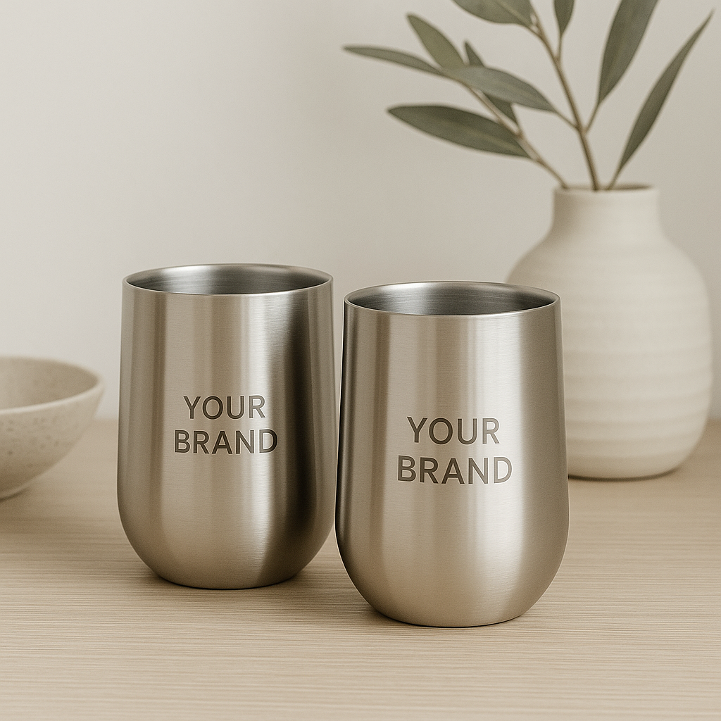 Two silver tumblers with 'YOUR BRAND' text on a neutral background with a vase and plant.