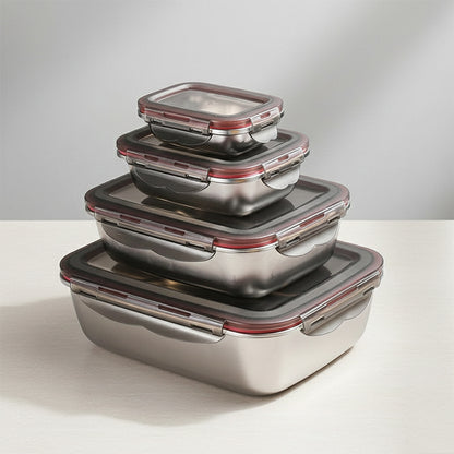 Stacked set of four rectangular stainless steel food storage containers with clear lids and red-rimmed locking clips.