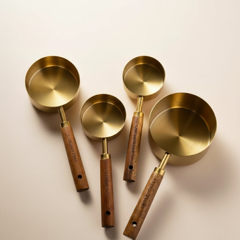 Set of brass measuring cups with wooden handles on a beige background