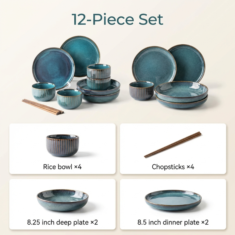 12-piece blue ceramic dinnerware set with rice bowls, deep plates, dinner plates, and chopsticks on a beige background.