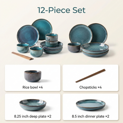12-piece blue ceramic dinnerware set with rice bowls, deep plates, dinner plates, and chopsticks on a beige background.