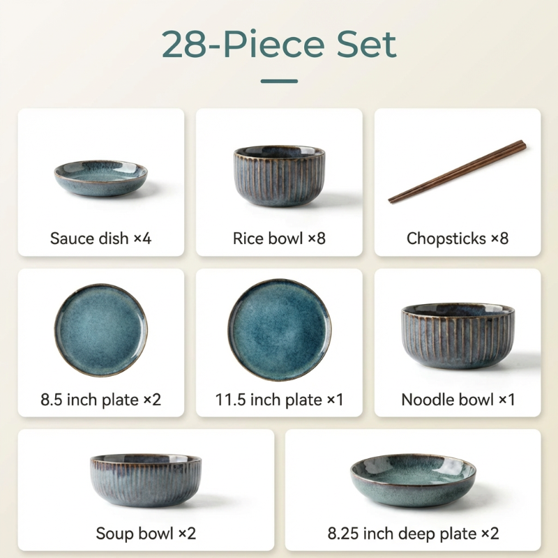28-piece ceramic dinnerware set with various bowls, plates, and chopsticks on a light beige background.