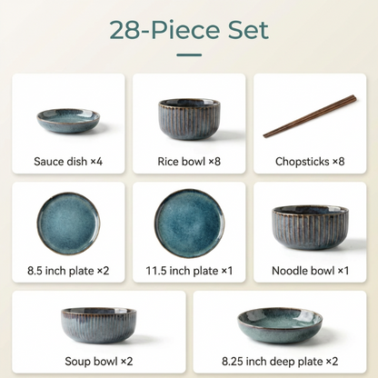 28-piece ceramic dinnerware set with various bowls, plates, and chopsticks on a light beige background.