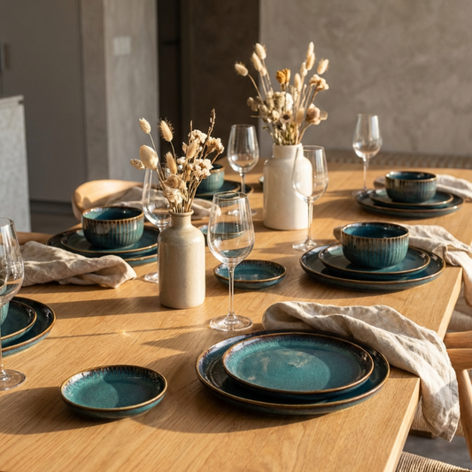 Dining table set with blue ceramic plates and glasses on a wooden surface.