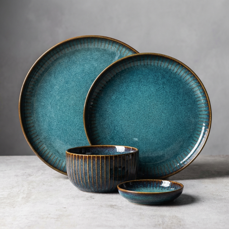 Set of blue ceramic plates and bowls on a gray surface with a gray background