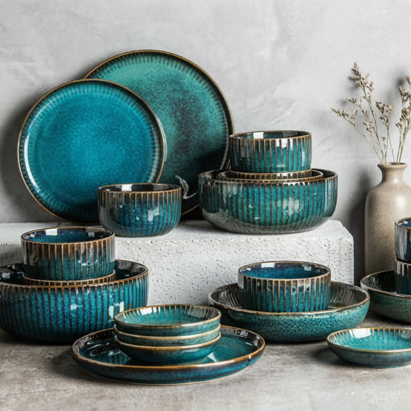 Set of blue ceramic dinnerware with brown accents on a gray surface.