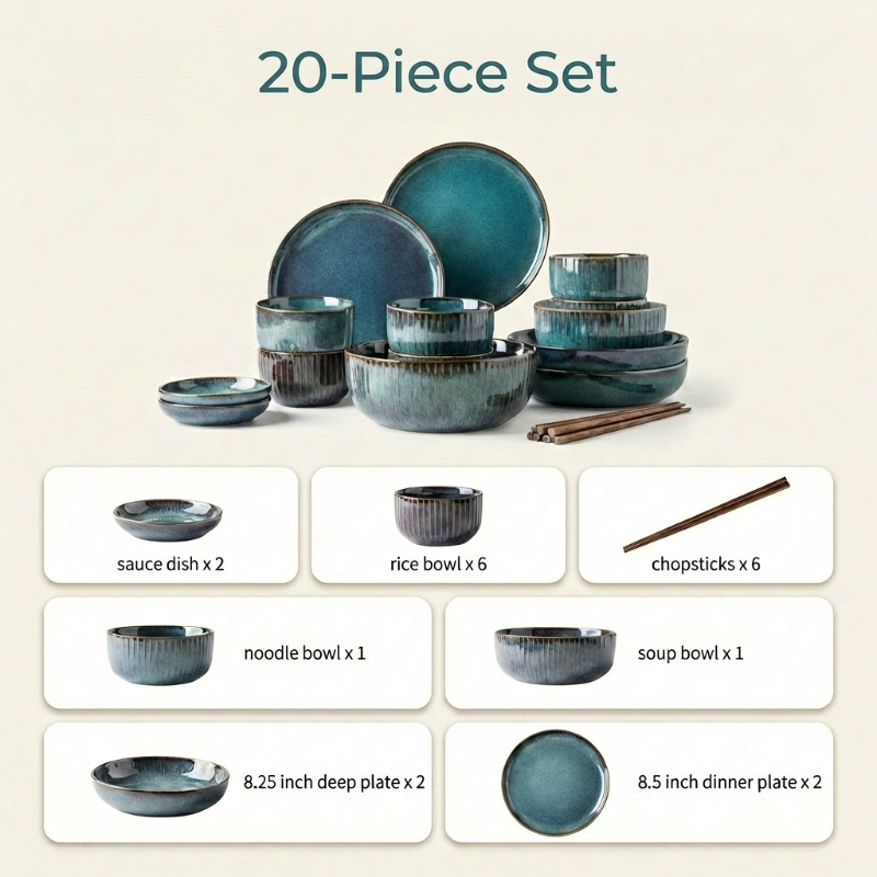 20-piece ceramic dinnerware set with blue and black design on a beige background