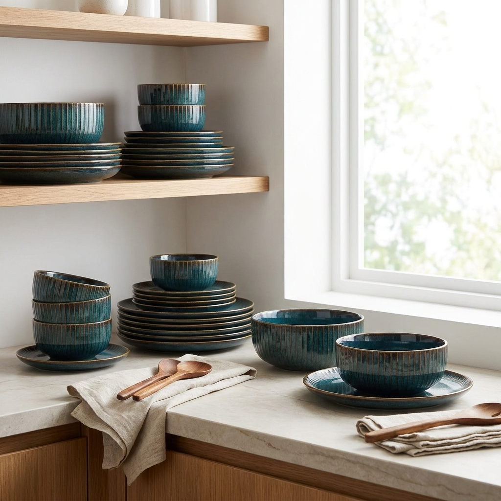 Teal kiln-glazed ceramic dinnerware stacked on a kitchen shelf by a window, Kiyo Home