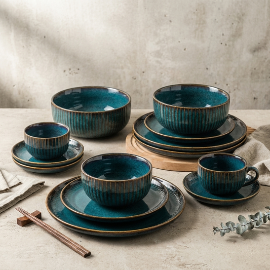 Teal kiln-glazed ceramic dinnerware set styled on a linen table setting, Kiyo Home