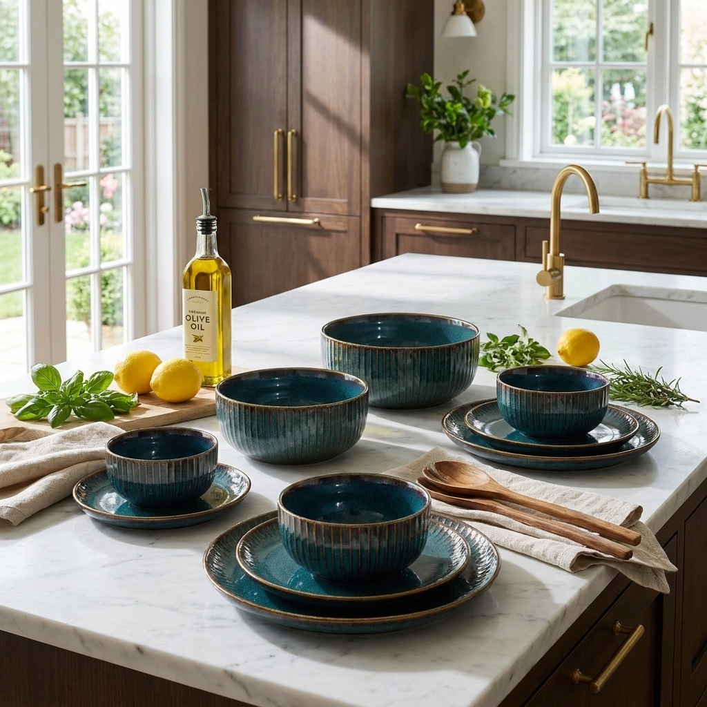 Teal kiln-glazed ceramic dinnerware on a marble kitchen counter with lemons and olive oil, Kiyo Home