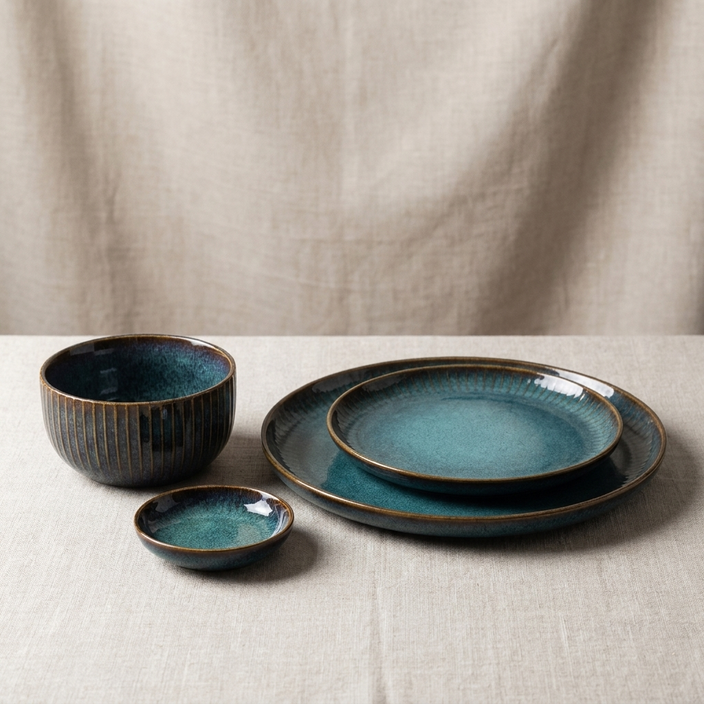 Teal kiln-glazed ceramic dinner plates and bowl detail on linen, Kiyo Home dinnerware collection
