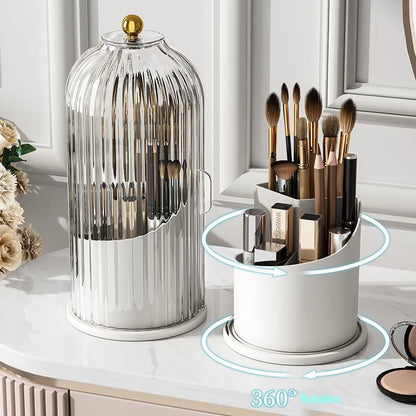 Elegant makeup brush holder with a rotating base for convenient storage