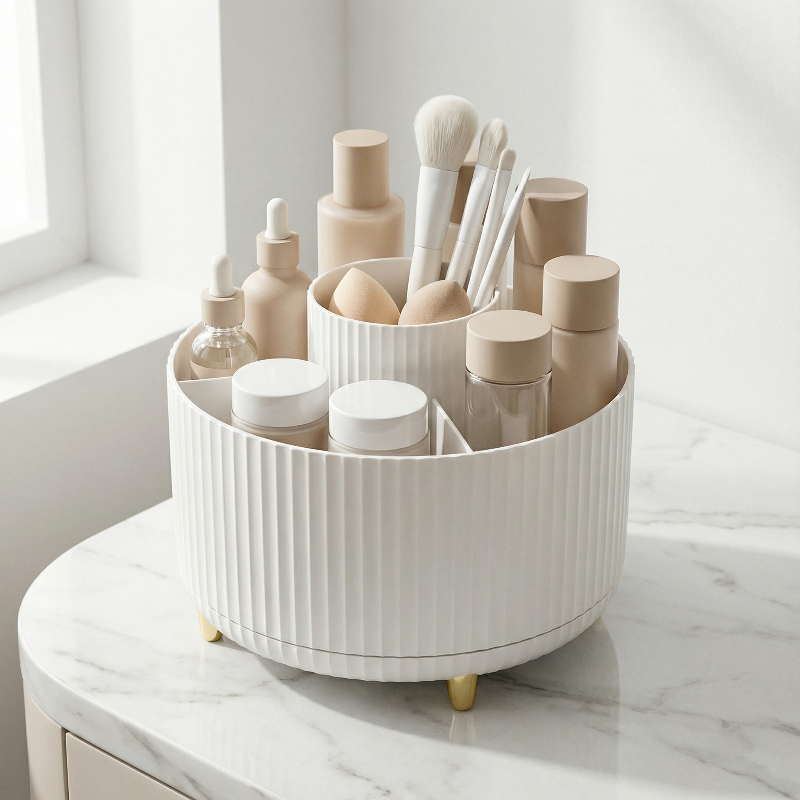 Minimal white rotating makeup organizer for everyday makeup storage.