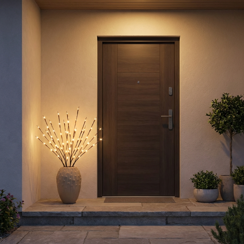 Modern front door with decorative plants and lighting at night