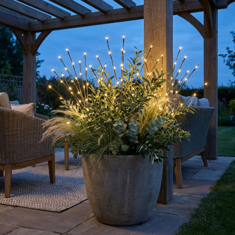Potted plant with string lights on a patio at dusk