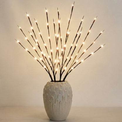 Decorative lamp with LED lights in a textured vase on a plain background