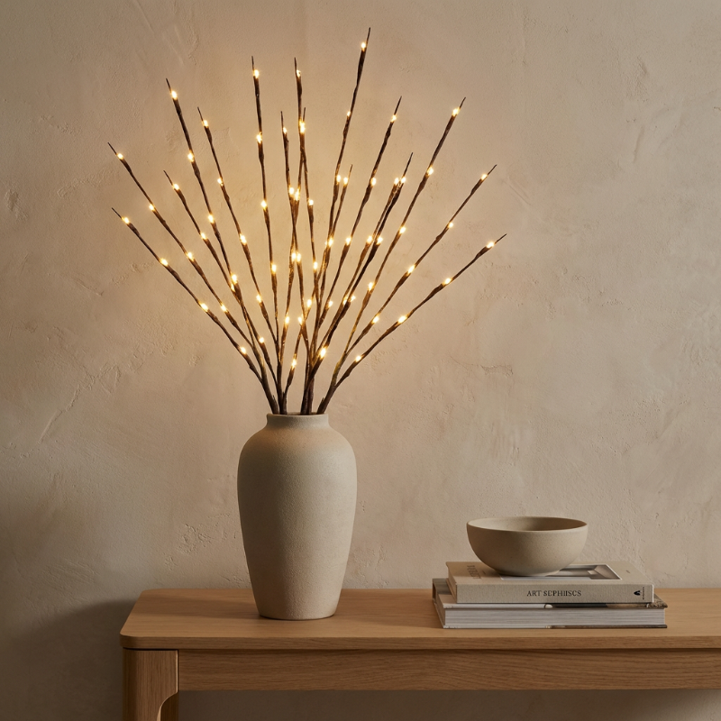 Decorative vase with illuminated branches on a wooden surface against a plain wall.