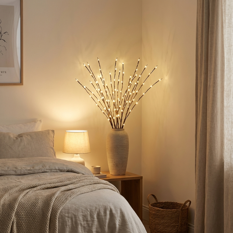 Decorative lamp with illuminated branches in a bedroom setting
