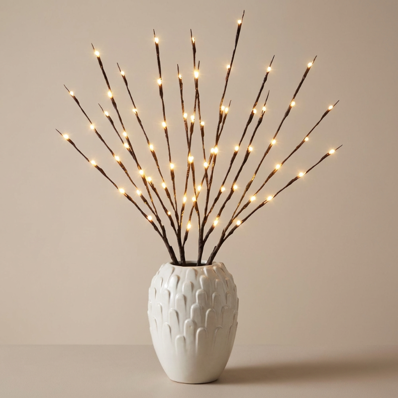 Decorative branches with lights in a white textured vase on a beige background