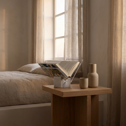 Aria marble and acrylic file holder on bedside table in neutral bedroom