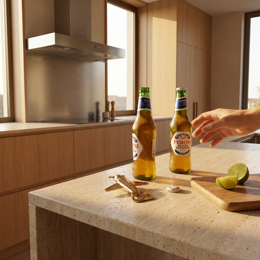 Airplane bottle opener on kitchen counter beside beer bottles and limes