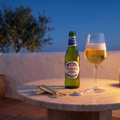 Peroni beer bottle and glass on a table with a scenic background and airplane bottle opener