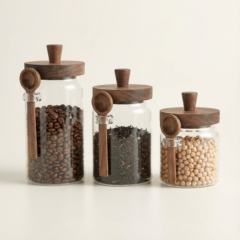 Three glass jars with wooden lids and handles, each containing different types of beans or grains.