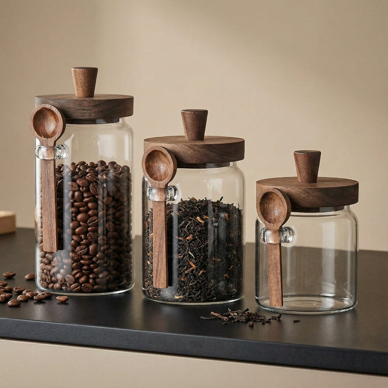 Airtight glass storage jars used for organizing dry goods in the kitchen.
