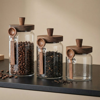 Airtight glass storage jars used for organizing dry goods in the kitchen.