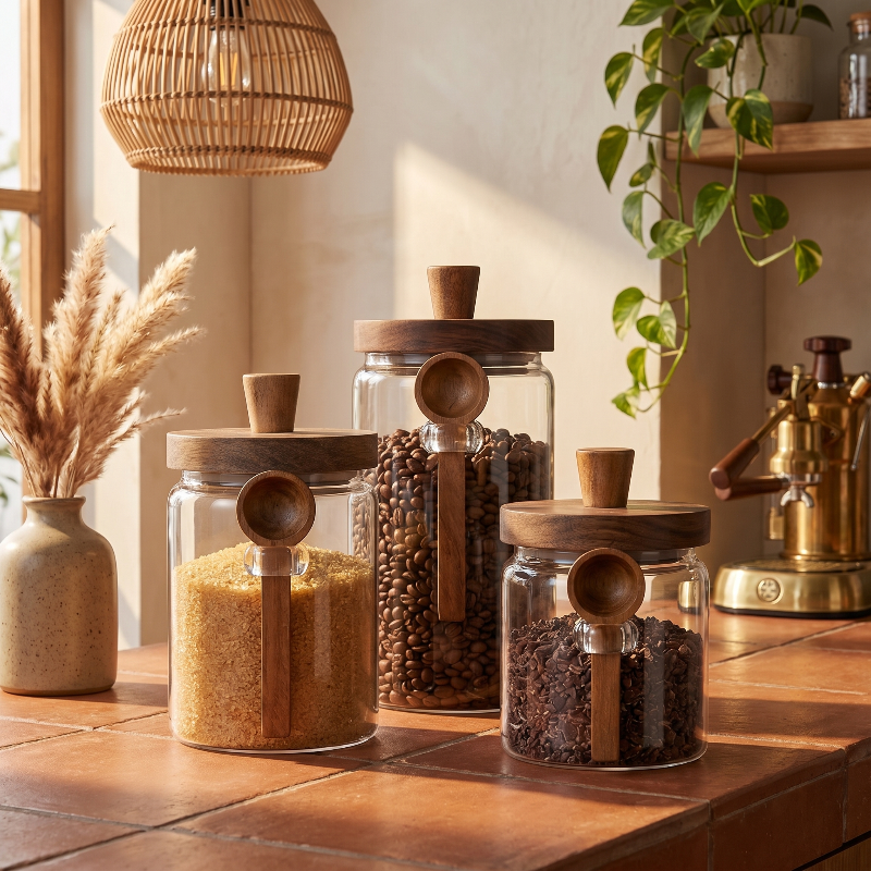 Airtight glass jars with acacia lids and spoons shown with coffee beans and dry goods