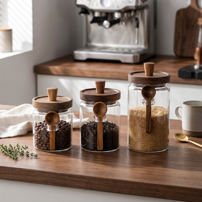 Airtight glass jars with acacia lids and spoons on kitchen counter in neutral setting