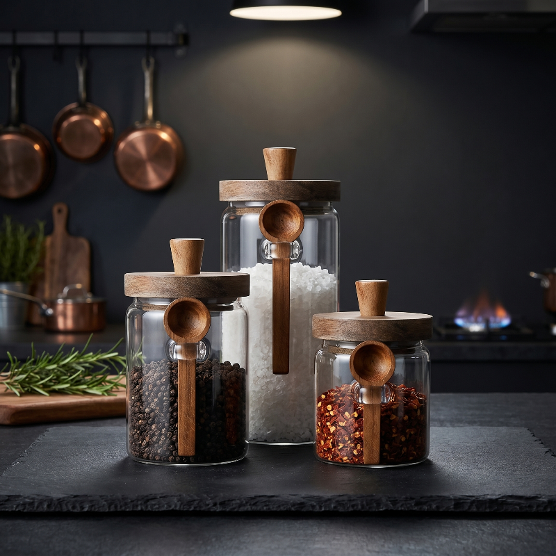 Airtight glass jars with acacia lids and spoons on dark countertop
