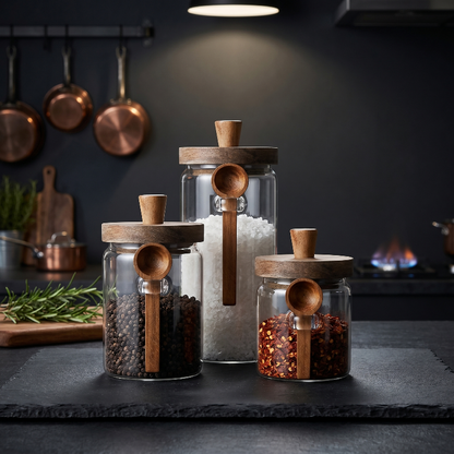 Airtight glass jars with acacia lids and spoons on dark countertop
