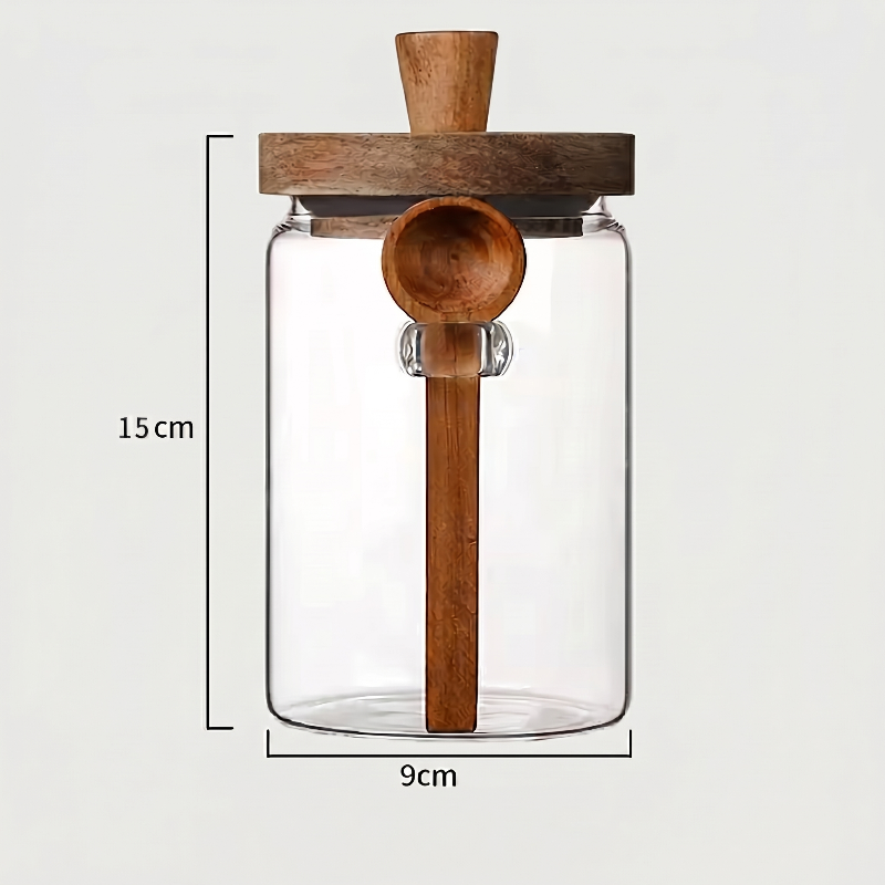 Large airtight glass jar with acacia lid and spoon dimensions graphic