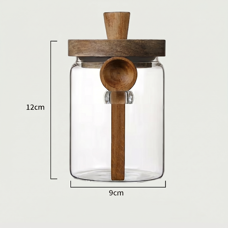 Medium airtight glass jar with acacia lid and spoon dimensions graphic