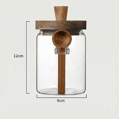 Medium airtight glass jar with acacia lid and spoon dimensions graphic